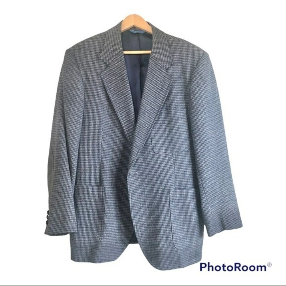 VTG Pendleton Elbow Patch Mens Sport Coat 42 Gray Blue Plaid Wool Jacket
